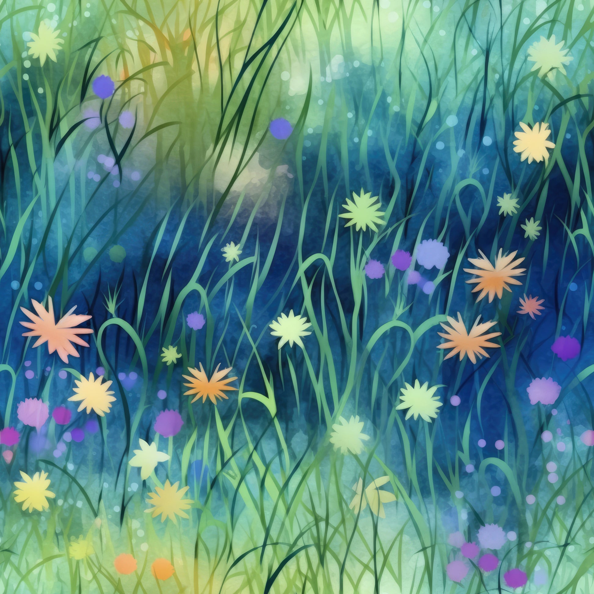 twilight meadow, quilting cotton, fabric panel, wildflowers, grass silhouettes, blue green gradient, purple blooms, yellow flowers, orange blossoms, dreamy atmosphere, botanical design, nature scene, meadow grass, scattered florals, soft lighting, ethereal mood, field of flowers, pastel tones, whimsical pattern, cotton fabric
