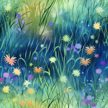 twilight meadow, quilting cotton, fabric panel, wildflowers, grass silhouettes, blue green gradient, purple blooms, yellow flowers, orange blossoms, dreamy atmosphere, botanical design, nature scene, meadow grass, scattered florals, soft lighting, ethereal mood, field of flowers, pastel tones, whimsical pattern, cotton fabric