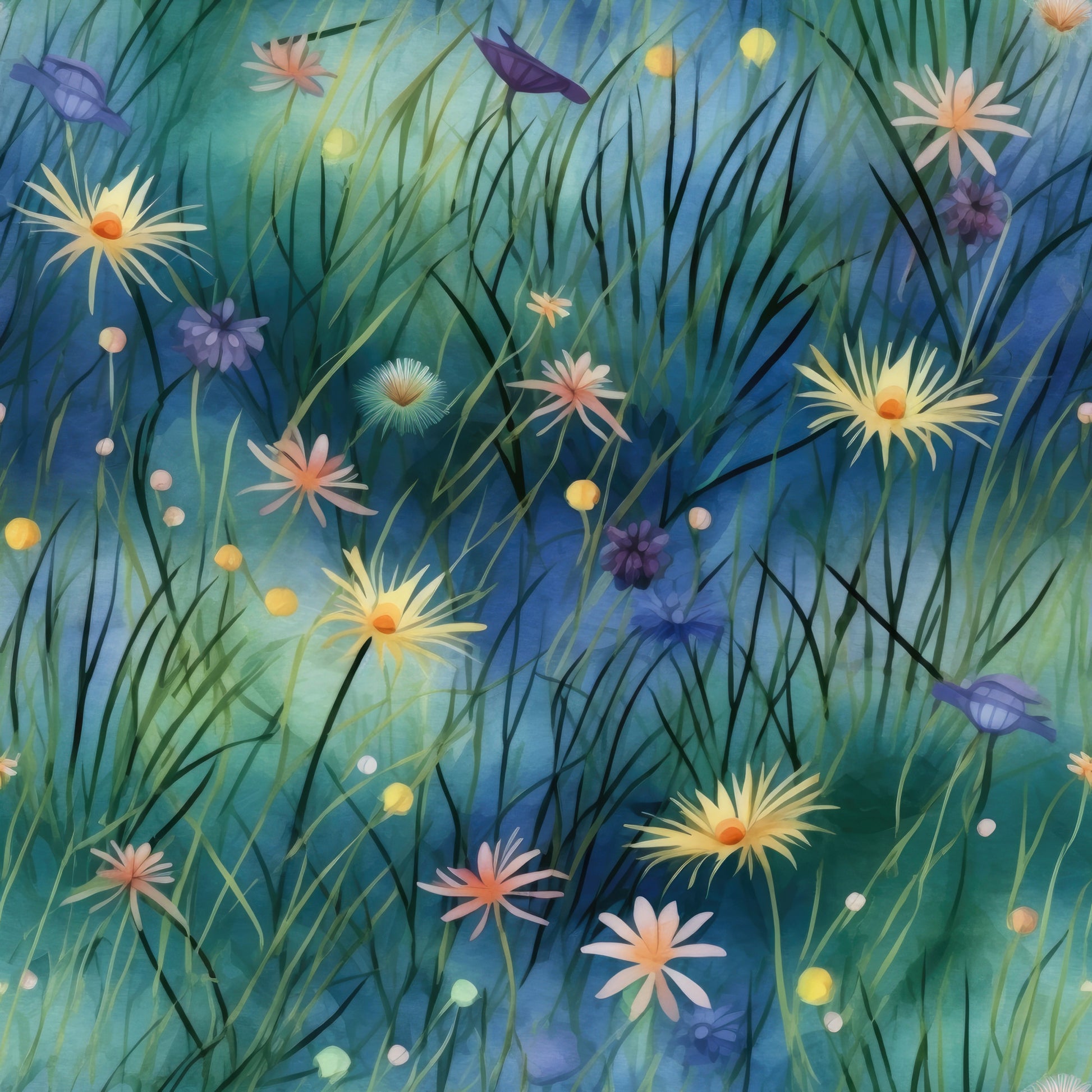twilight meadow, wildflowers, grass blades, blue green background, purple flowers, yellow blooms, pink blossoms, white daisies, orange centers, ethereal glow, dreamy atmosphere, nature scene, botanical print, quilting cotton, fabric panel, evening light, meadow grass, floral motif, watercolor style, soft pastels