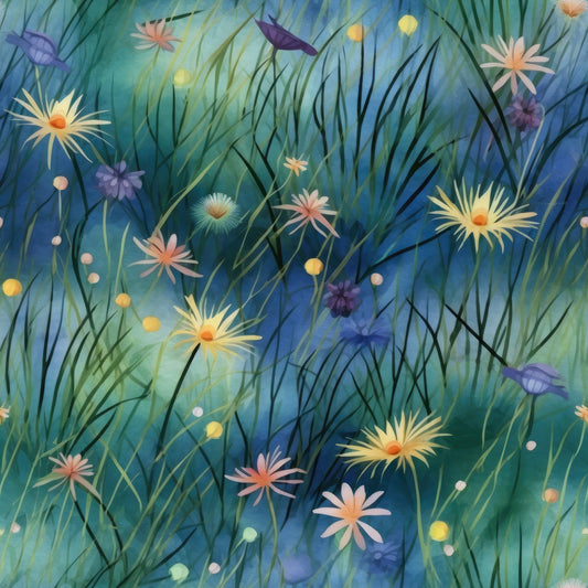 twilight meadow, wildflowers, grass blades, blue green background, purple flowers, yellow blooms, pink blossoms, white daisies, orange centers, ethereal glow, dreamy atmosphere, nature scene, botanical print, quilting cotton, fabric panel, evening light, meadow grass, floral motif, watercolor style, soft pastels