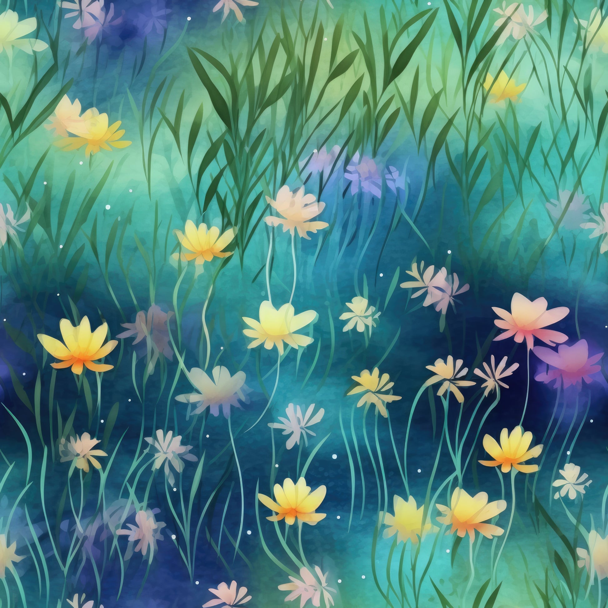 twilight meadow, wildflowers, daisy flowers, blue gradient, teal background, purple hues, yellow blooms, white flowers, pink accents, grass silhouettes, dreamy atmosphere, botanical design, watercolor style, ethereal mood, quilting cotton, fabric panel, nature scene, evening garden, soft pastels, floral motifs