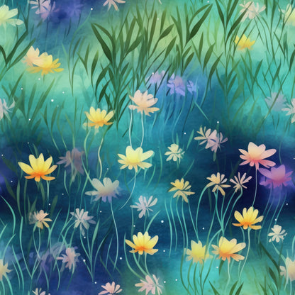 twilight meadow, wildflowers, daisy flowers, blue gradient, teal background, purple hues, yellow blooms, white flowers, pink accents, grass silhouettes, dreamy atmosphere, botanical design, watercolor style, ethereal mood, quilting cotton, fabric panel, nature scene, evening garden, soft pastels, floral motifs