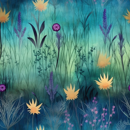 turquoise, teal, purple, yellow, orange, meadow flowers, wildflowers, grass silhouettes, botanical design, nature pattern, twilight colors, gradient background, floral motifs, quilting cotton, fabric panel, dreamy atmosphere, stylized flowers, layered vegetation, sunset hues, whimsical flora