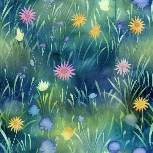 twilight meadow, wildflowers, daisy blooms, purple flowers, yellow flowers, pink flowers, white flowers, blue flowers, grass meadow, watercolor style, dreamy atmosphere, botanical pattern, floral design, quilting cotton, fabric panel, soft pastels, nature scene, evening light, whimsical florals, meadow grass