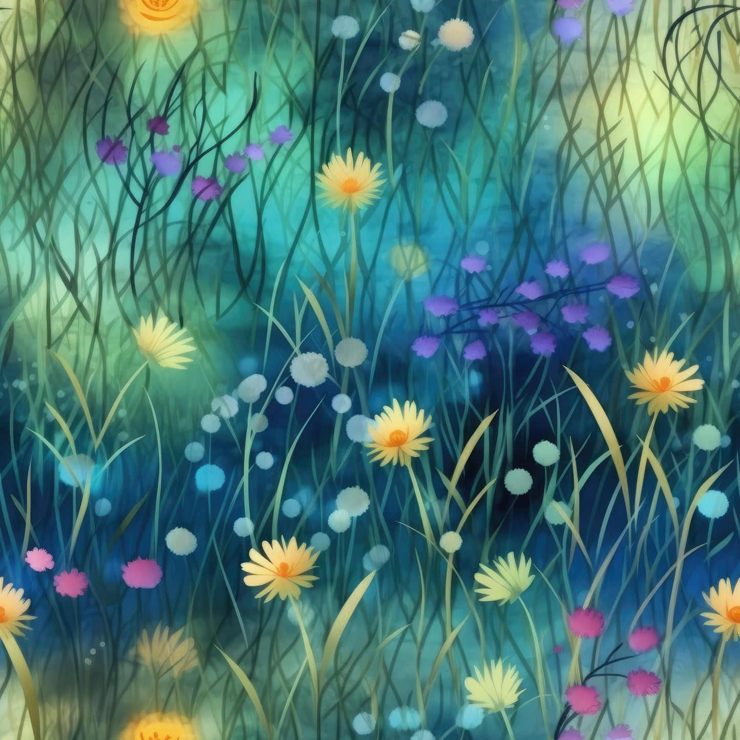 teal, turquoise, yellow, purple, pink, white, wildflowers, meadow scene, grasses, dandelions, floral pattern, dreamy atmosphere, soft focus, botanical design, quilting cotton, fabric panel, nature motif, spring flowers, artistic rendering, twilight colors