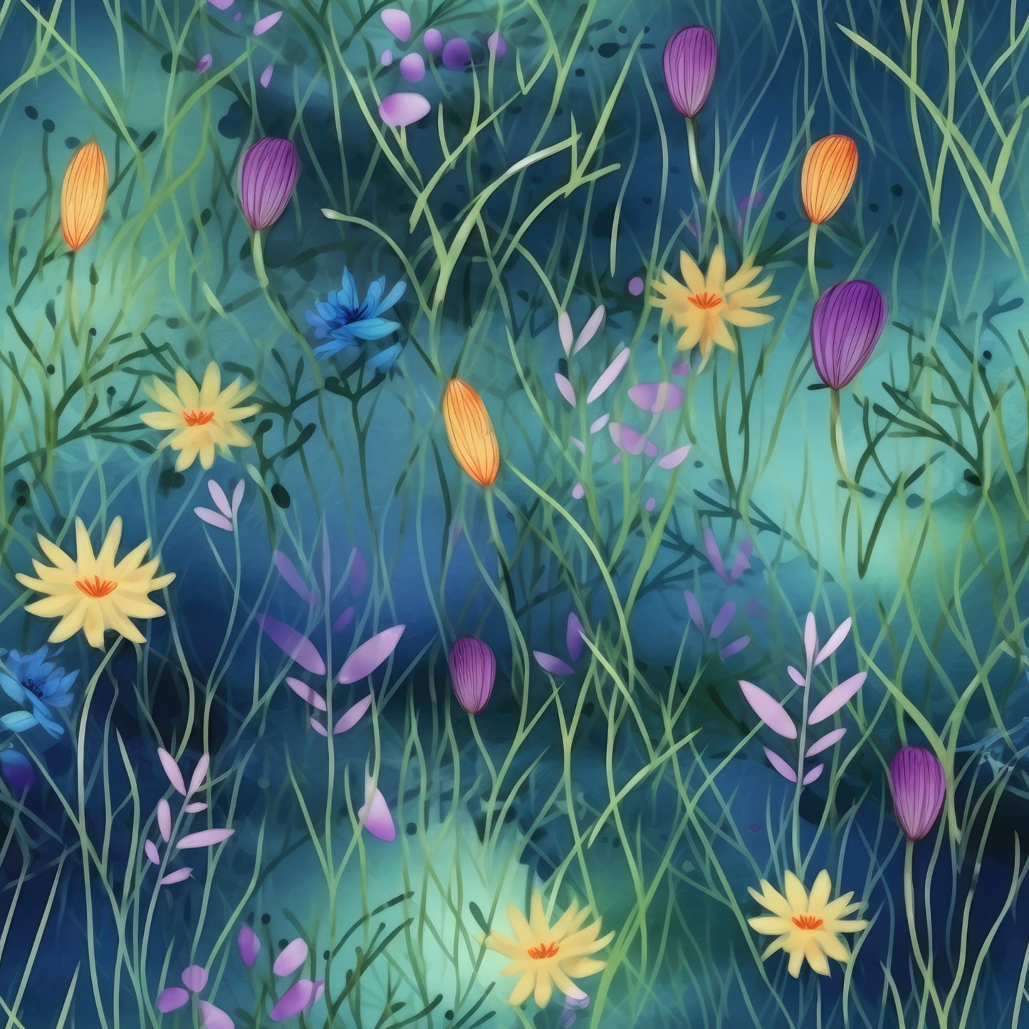 twilight meadow, floral pattern, teal blue, purple flowers, yellow blooms, orange buds, botanical design, wildflowers, grass stems, nature scene, quilting cotton, fabric panel, dreamy atmosphere, evening garden, mixed florals, layered vegetation, artistic florals, meadow grass, blooming field, soft lighting