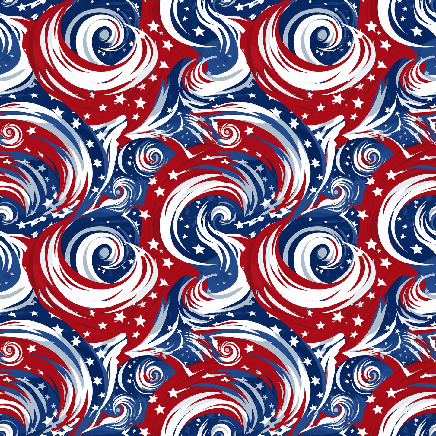 red, white, blue, patriotic, swirls, spirals, stars, american flag colors, flowing patterns, dynamic movement, quilting cotton, fabric panel, usa theme, independence day, fourth of july, circular motifs, wavy lines, festive, americana, repeating pattern