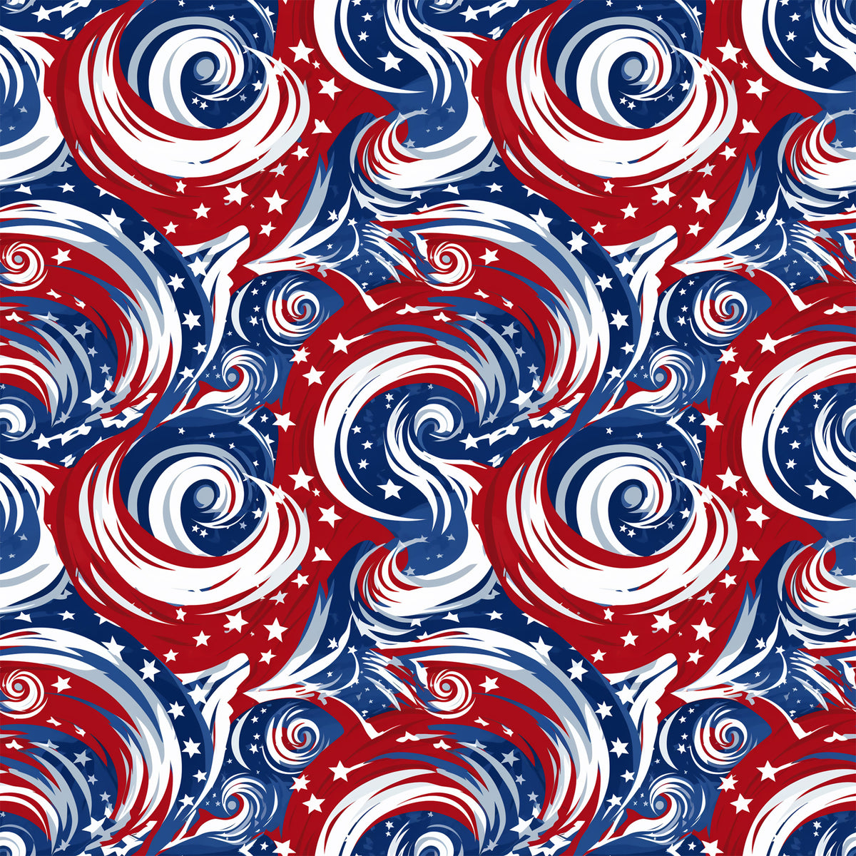 red, white, blue, patriotic, swirls, spirals, stars, american flag colors, flowing patterns, dynamic movement, quilting cotton, fabric panel, usa theme, independence day, fourth of july, circular motifs, wavy lines, festive, americana, repeating pattern