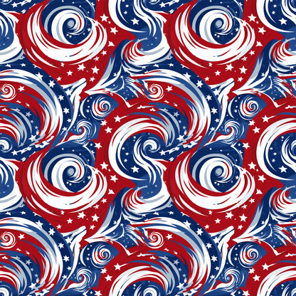 red, white, blue, patriotic, swirls, spirals, stars, american flag colors, flowing patterns, dynamic movement, quilting cotton, fabric panel, usa theme, independence day, fourth of july, circular motifs, wavy lines, festive, americana, repeating pattern