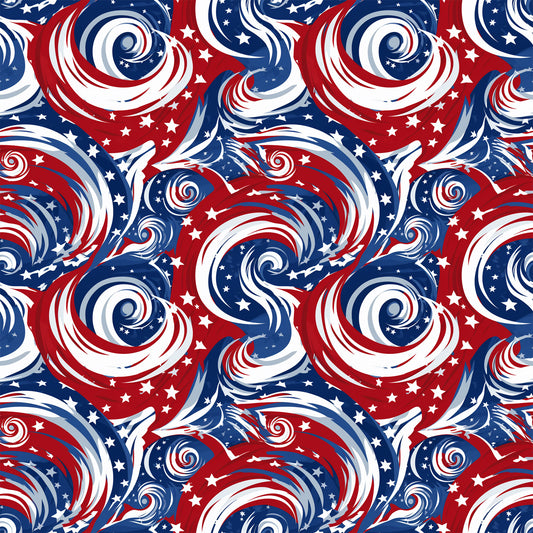 red, white, blue, patriotic, swirls, spirals, stars, american flag colors, flowing patterns, dynamic movement, quilting cotton, fabric panel, usa theme, independence day, fourth of july, circular motifs, wavy lines, festive, americana, repeating pattern