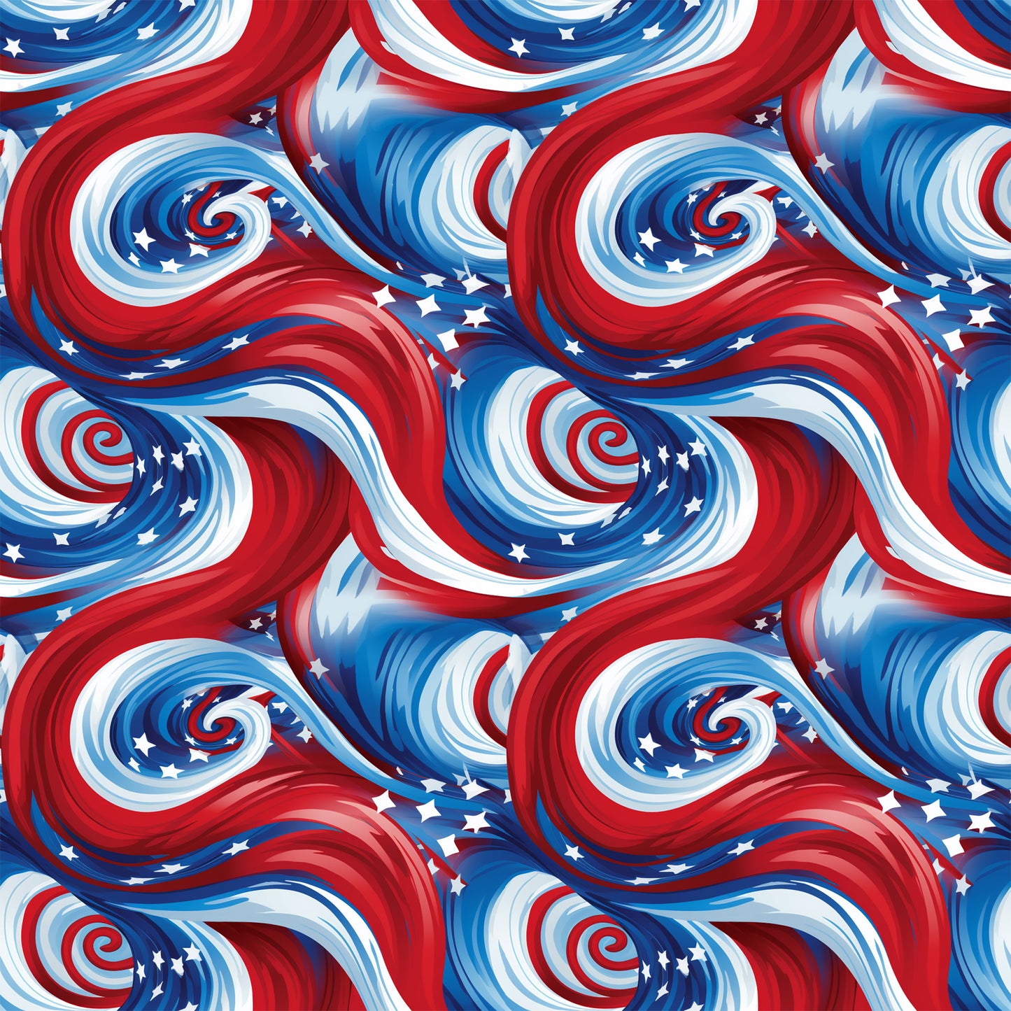 red, white, blue, patriotic swirls, spiral pattern, stars, american flag colors, flowing ribbons, dynamic movement, quilting cotton, fabric panel, fourth of july, independence day, wavy design, celestial stars, repeating pattern, usa theme, swirling motifs, patriotic fabric, cotton material