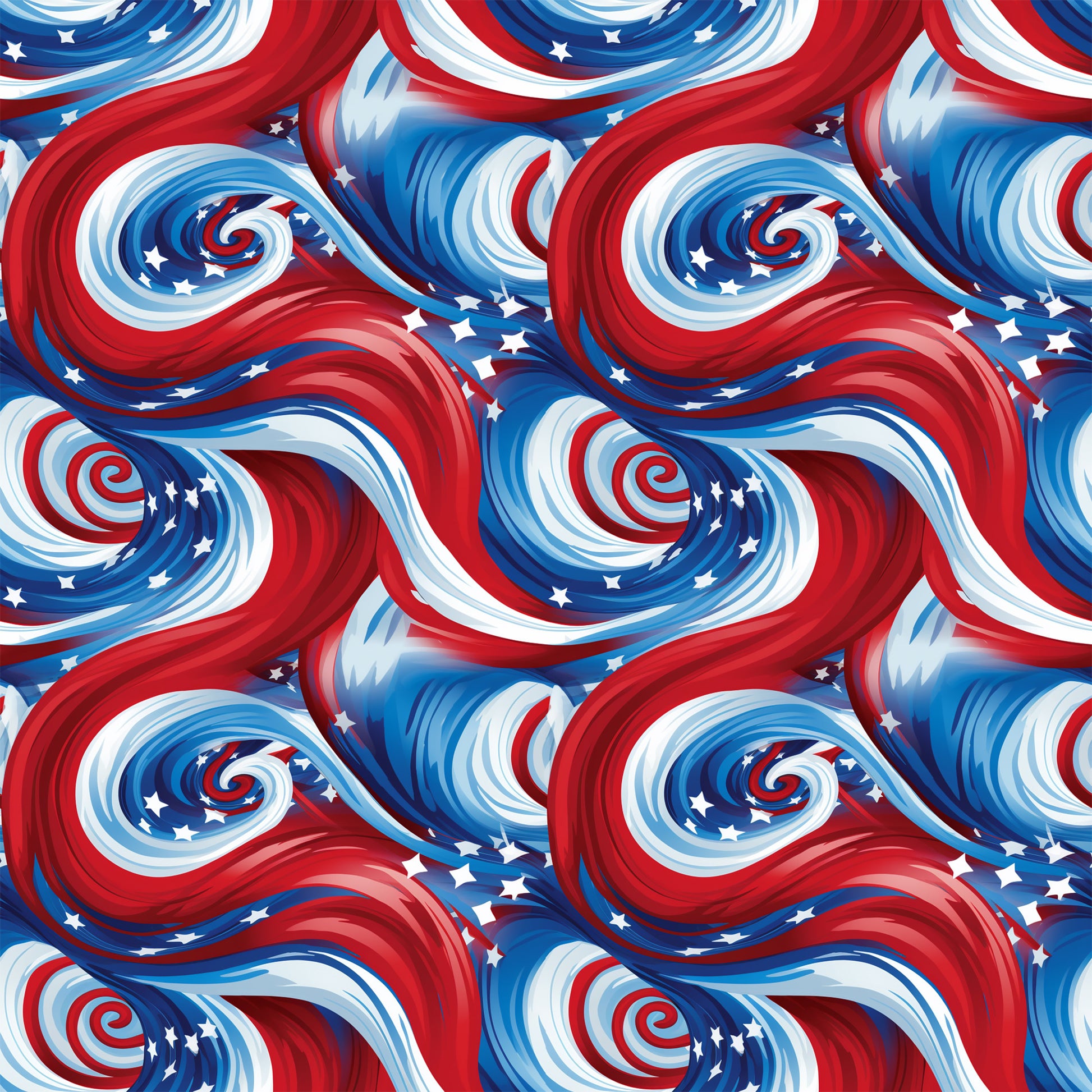 red, white, blue, patriotic swirls, spiral pattern, stars, american flag colors, flowing ribbons, dynamic movement, quilting cotton, fabric panel, fourth of july, independence day, wavy design, celestial stars, repeating pattern, usa theme, swirling motifs, patriotic fabric, cotton material