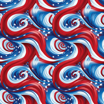 red, white, blue, patriotic swirls, spiral pattern, stars, american flag colors, flowing ribbons, dynamic movement, quilting cotton, fabric panel, fourth of july, independence day, wavy design, celestial stars, repeating pattern, usa theme, swirling motifs, patriotic fabric, cotton material