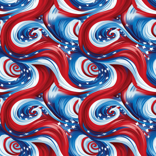 red, white, blue, patriotic swirls, spiral pattern, stars, american flag colors, flowing ribbons, dynamic movement, quilting cotton, fabric panel, fourth of july, independence day, wavy design, celestial stars, repeating pattern, usa theme, swirling motifs, patriotic fabric, cotton material