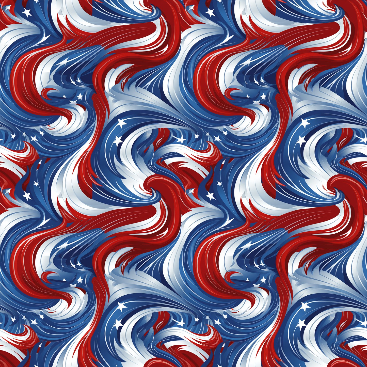 red, white, blue, patriotic swirls, flowing ribbons, star accents, wavy pattern, dynamic movement, american flag colors, quilting cotton, fabric panel, july 4th, independence day, stars and swirls, fluid design, spinning motion, festive, national pride, curved lines, seamless repeat