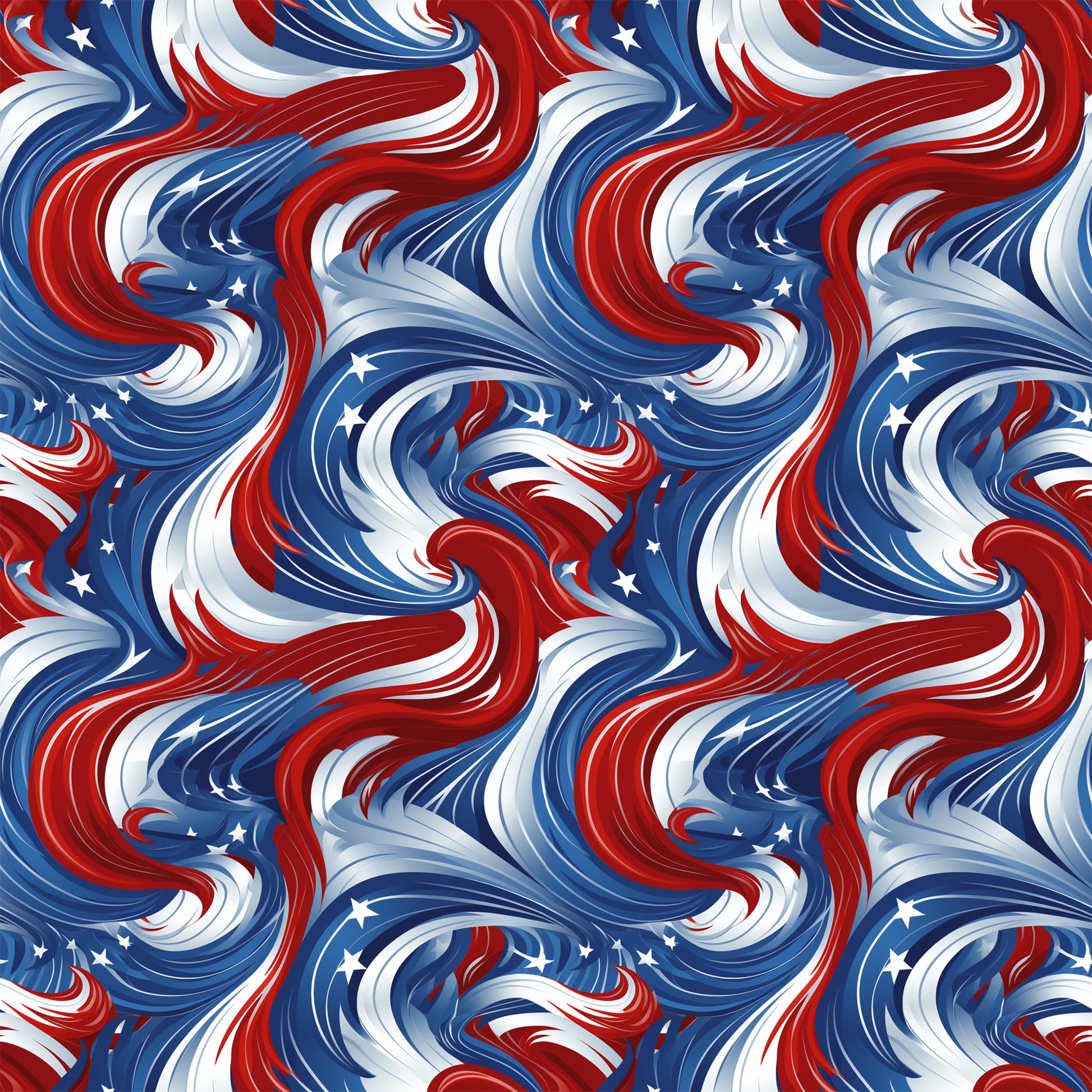 red, white, blue, patriotic swirls, flowing ribbons, star accents, wavy pattern, dynamic movement, american flag colors, quilting cotton, fabric panel, july 4th, independence day, stars and swirls, fluid design, spinning motion, festive, national pride, curved lines, seamless repeat