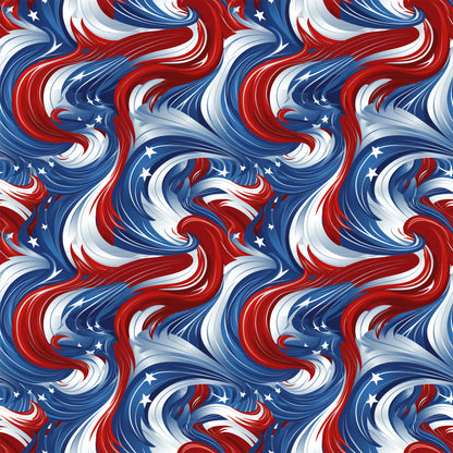 red, white, blue, patriotic swirls, flowing ribbons, star accents, wavy pattern, dynamic movement, american flag colors, quilting cotton, fabric panel, july 4th, independence day, stars and swirls, fluid design, spinning motion, festive, national pride, curved lines, seamless repeat