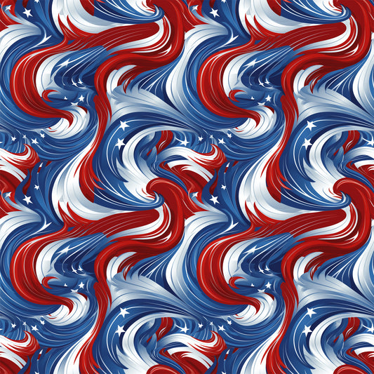 red, white, blue, patriotic swirls, flowing ribbons, star accents, wavy pattern, dynamic movement, american flag colors, quilting cotton, fabric panel, july 4th, independence day, stars and swirls, fluid design, spinning motion, festive, national pride, curved lines, seamless repeat