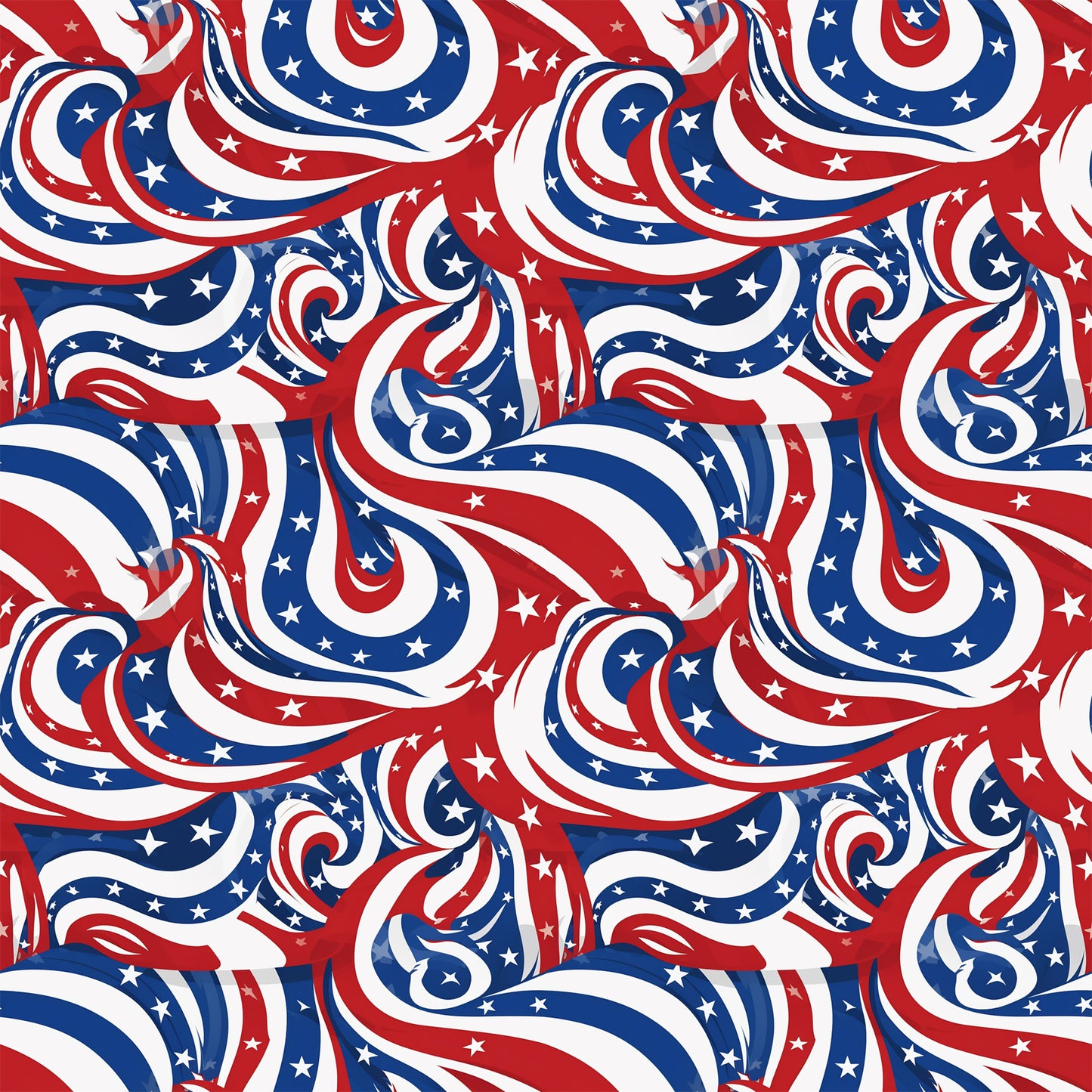 red, white, blue, patriotic, swirls, stars, flowing ribbons, abstract waves, american flag colors, quilting cotton, fabric panel, dynamic movement, curving stripes, celestial stars, independence day, july 4th, spiraling design, seamless pattern, cotton fabric, patriotic theme