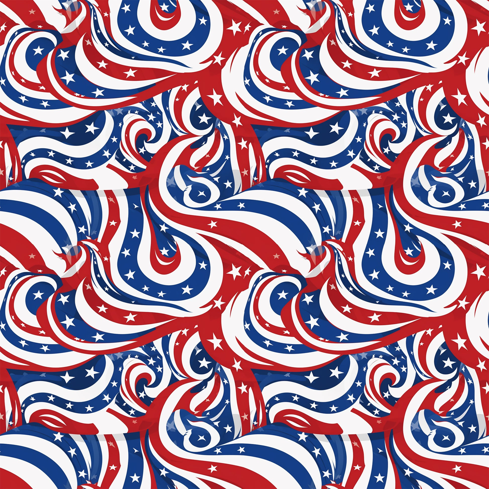 red, white, blue, patriotic, swirls, stars, flowing ribbons, abstract waves, american flag colors, quilting cotton, fabric panel, dynamic movement, curving stripes, celestial stars, independence day, july 4th, spiraling design, seamless pattern, cotton fabric, patriotic theme
