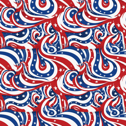 red, white, blue, patriotic, swirls, stars, flowing ribbons, abstract waves, american flag colors, quilting cotton, fabric panel, dynamic movement, curving stripes, celestial stars, independence day, july 4th, spiraling design, seamless pattern, cotton fabric, patriotic theme