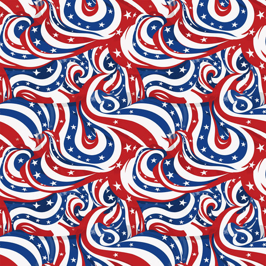 red, white, blue, patriotic, swirls, stars, flowing ribbons, abstract waves, american flag colors, quilting cotton, fabric panel, dynamic movement, curving stripes, celestial stars, independence day, july 4th, spiraling design, seamless pattern, cotton fabric, patriotic theme