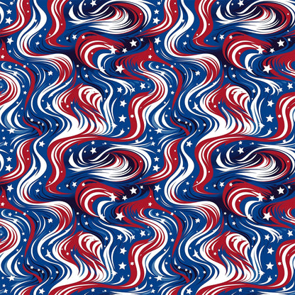 red, white, blue, navy blue, swirls, flowing lines, stars, patriotic pattern, wavy stripes, american flag colors, quilting cotton, fabric panel, fourth of july, independence day, curvy design, dynamic movement, repeating pattern, textile design, sewing material, crafting fabric