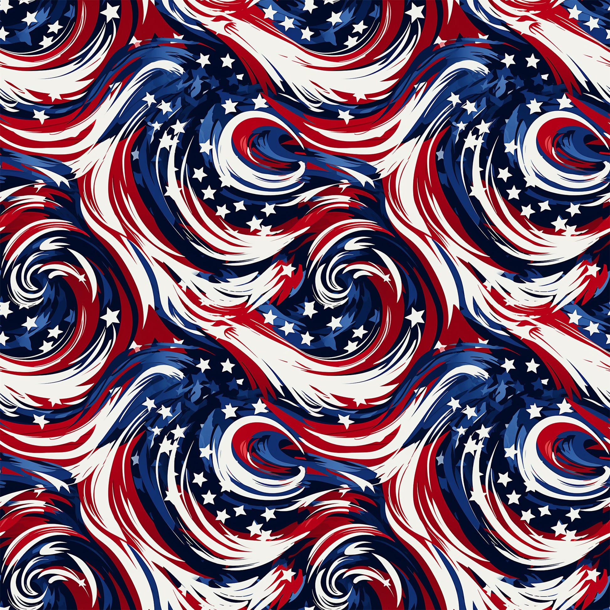 red, white, blue, navy blue, swirls, spirals, stars, patriotic, american flag colors, flowing curves, dynamic movement, quilting cotton, fabric panel, repeating pattern, fourth of july, independence day, wavy lines, abstract design, festive, geometric swirls