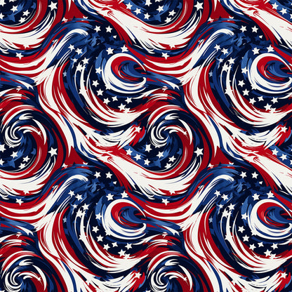 red, white, blue, navy blue, swirls, spirals, stars, patriotic, american flag colors, flowing curves, dynamic movement, quilting cotton, fabric panel, repeating pattern, fourth of july, independence day, wavy lines, abstract design, festive, geometric swirls