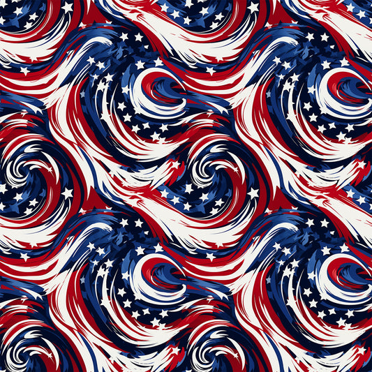 red, white, blue, navy blue, swirls, spirals, stars, patriotic, american flag colors, flowing curves, dynamic movement, quilting cotton, fabric panel, repeating pattern, fourth of july, independence day, wavy lines, abstract design, festive, geometric swirls