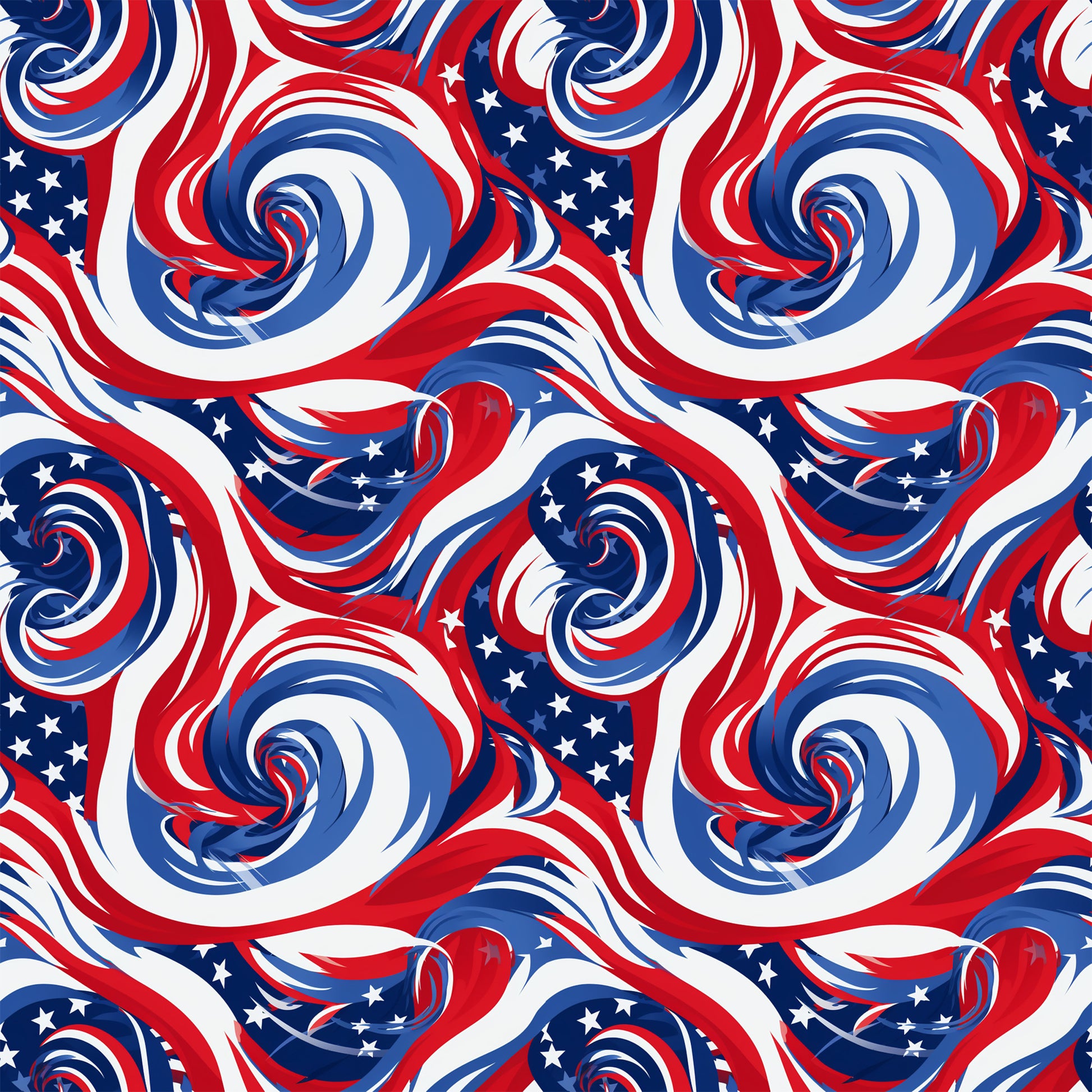 red, white, blue, patriotic, swirls, spirals, stars, flag colors, abstract pattern, flowing design, quilting cotton, fabric panel, american theme, dynamic movement, curved lines, repeating pattern, textile design, crafting material, seamless design