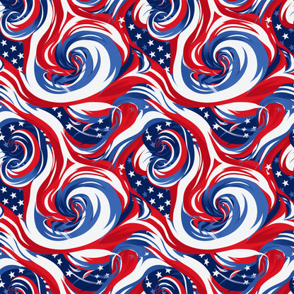 red, white, blue, patriotic, swirls, spirals, stars, flag colors, abstract pattern, flowing design, quilting cotton, fabric panel, american theme, dynamic movement, curved lines, repeating pattern, textile design, crafting material, seamless design