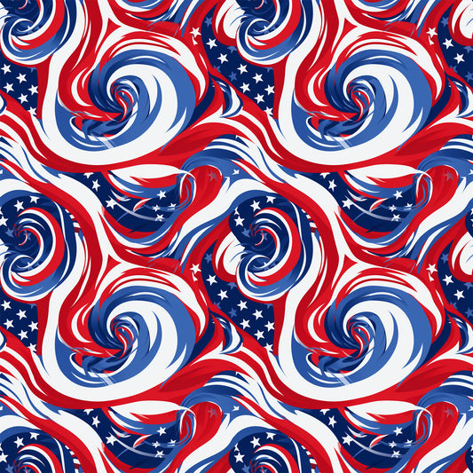 red, white, blue, patriotic, swirls, spirals, stars, flag colors, abstract pattern, flowing design, quilting cotton, fabric panel, american theme, dynamic movement, curved lines, repeating pattern, textile design, crafting material, seamless design