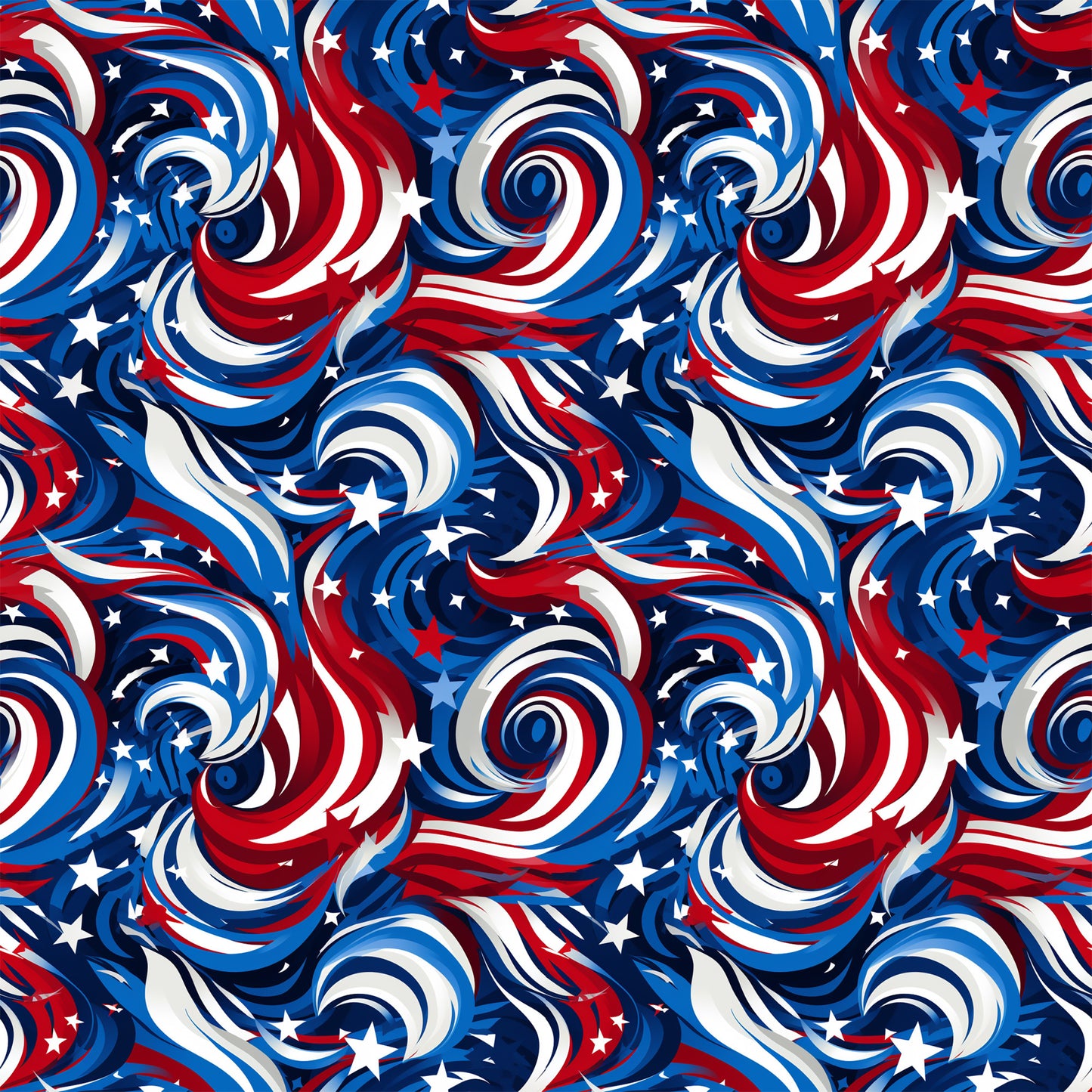 red, white, blue, navy blue, swirls, spirals, stars, patriotic, american flag colors, abstract pattern, flowing design, quilting cotton, fabric panel, seamless repeat, dynamic movement, circular motifs, usa theme, independence day, fourth of july, geometric swirls