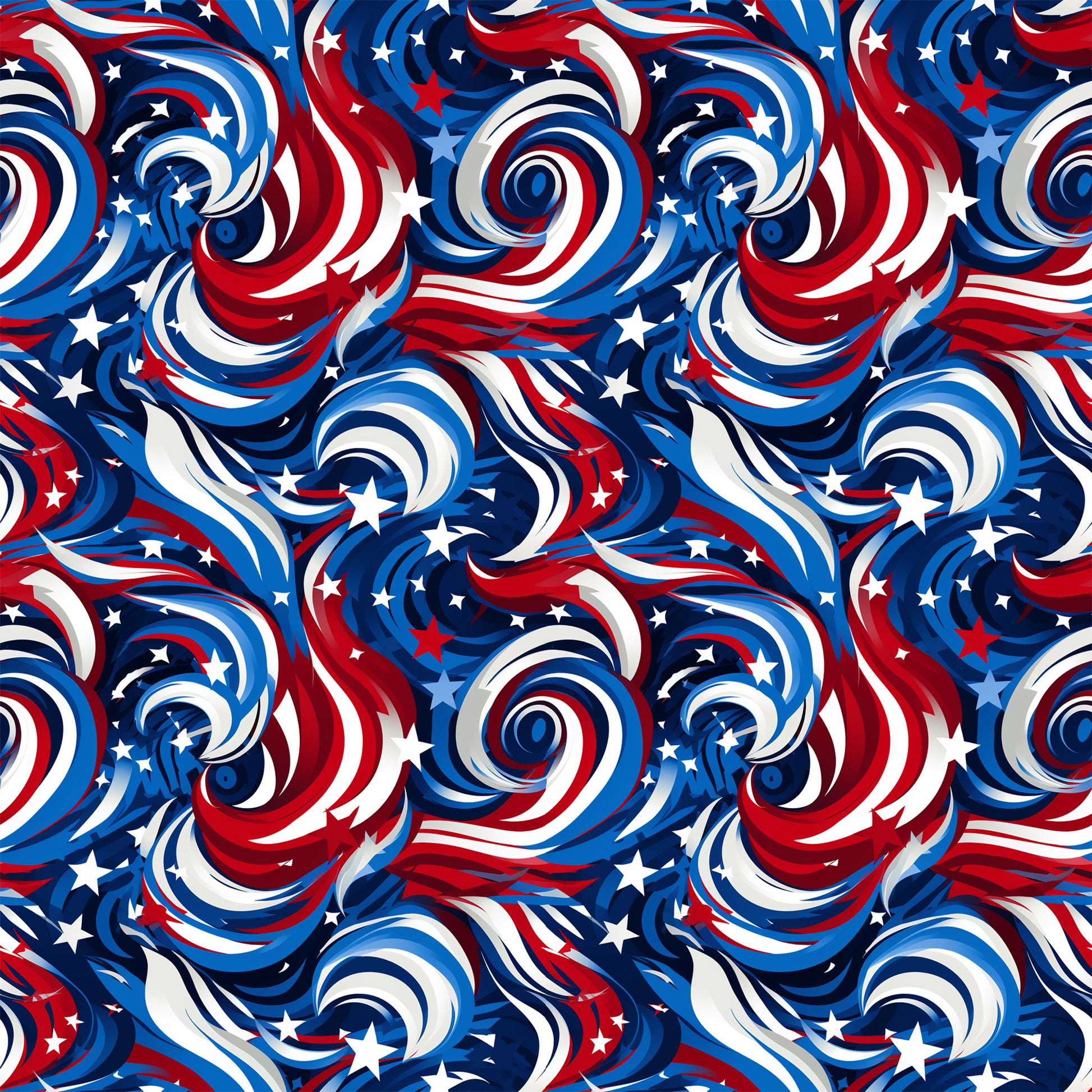 red, white, blue, navy blue, swirls, spirals, stars, patriotic, american flag colors, abstract pattern, flowing design, quilting cotton, fabric panel, seamless repeat, dynamic movement, circular motifs, usa theme, independence day, fourth of july, geometric swirls