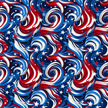 red, white, blue, navy blue, swirls, spirals, stars, patriotic, american flag colors, abstract pattern, flowing design, quilting cotton, fabric panel, seamless repeat, dynamic movement, circular motifs, usa theme, independence day, fourth of july, geometric swirls