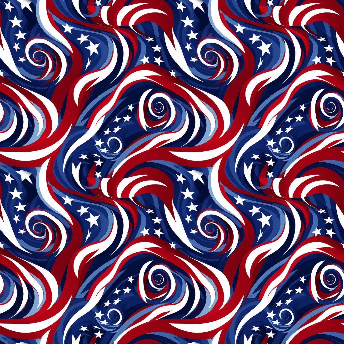 red, white, blue, navy blue, swirls, spirals, stars, patriotic, american flag colors, flowing ribbons, wavy stripes, quilting cotton, fabric panel, dynamic movement, circular patterns, fourth of july, memorial day, veterans day, cotton fabric, repeating pattern, festive design