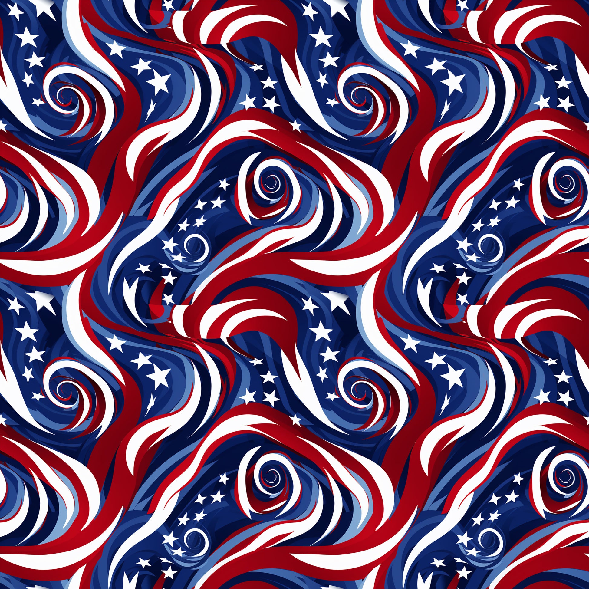red, white, blue, navy blue, swirls, spirals, stars, patriotic, american flag colors, flowing ribbons, wavy stripes, quilting cotton, fabric panel, dynamic movement, circular patterns, fourth of july, memorial day, veterans day, cotton fabric, repeating pattern, festive design