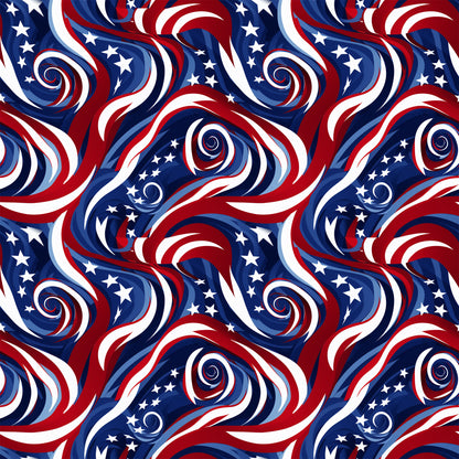 red, white, blue, navy blue, swirls, spirals, stars, patriotic, american flag colors, flowing ribbons, wavy stripes, quilting cotton, fabric panel, dynamic movement, circular patterns, fourth of july, memorial day, veterans day, cotton fabric, repeating pattern, festive design