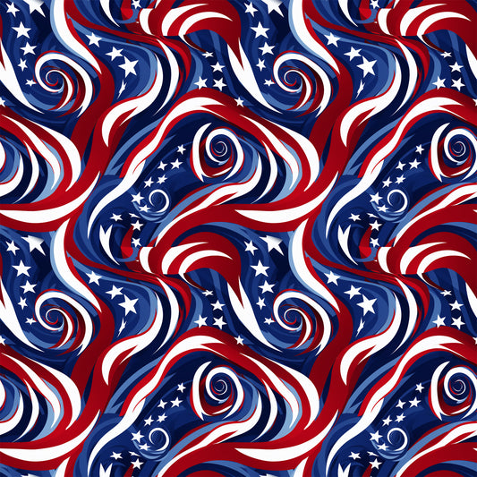 red, white, blue, navy blue, swirls, spirals, stars, patriotic, american flag colors, flowing ribbons, wavy stripes, quilting cotton, fabric panel, dynamic movement, circular patterns, fourth of july, memorial day, veterans day, cotton fabric, repeating pattern, festive design