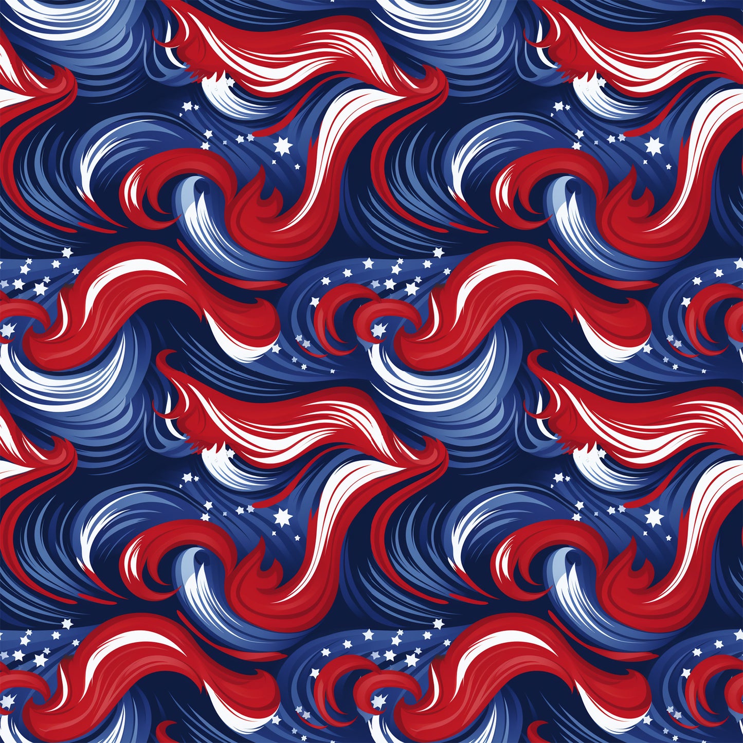 navy blue, red, white, swirls, stars, patriotic, abstract waves, flowing curves, americana, quilting cotton, fabric panel, dynamic movement, spirals, celestial elements, flag colors, seamless pattern, textile design, crafting material, repetitive motif