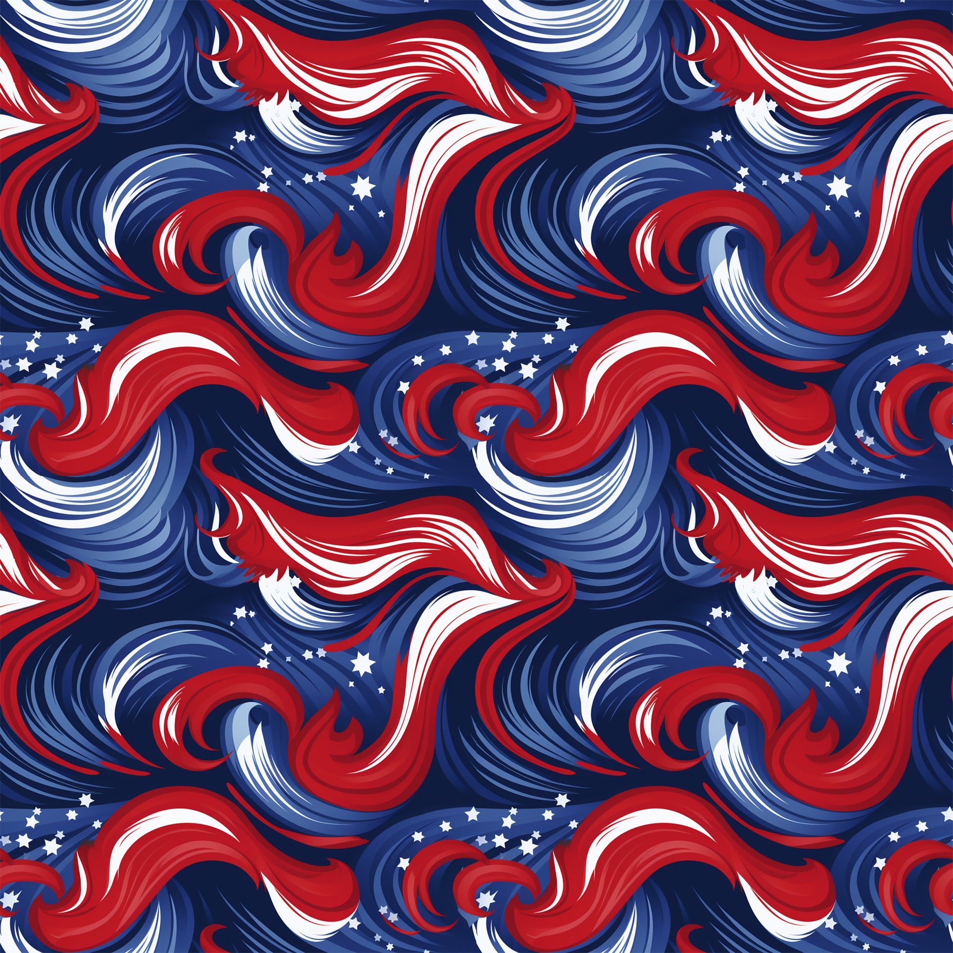 navy blue, red, white, swirls, stars, patriotic, abstract waves, flowing curves, americana, quilting cotton, fabric panel, dynamic movement, spirals, celestial elements, flag colors, seamless pattern, textile design, crafting material, repetitive motif