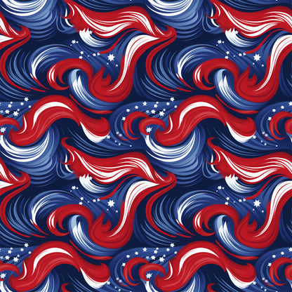 navy blue, red, white, swirls, stars, patriotic, abstract waves, flowing curves, americana, quilting cotton, fabric panel, dynamic movement, spirals, celestial elements, flag colors, seamless pattern, textile design, crafting material, repetitive motif