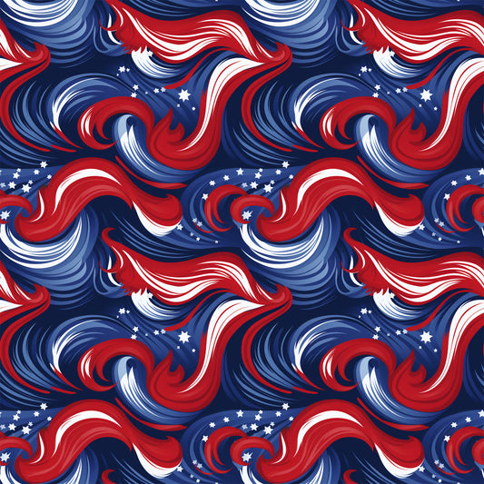 navy blue, red, white, swirls, stars, patriotic, abstract waves, flowing curves, americana, quilting cotton, fabric panel, dynamic movement, spirals, celestial elements, flag colors, seamless pattern, textile design, crafting material, repetitive motif
