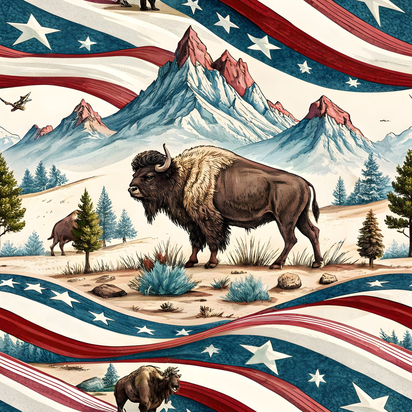 USA Patriotic Wildlife Pattern 3 Quilting Cotton Fabric