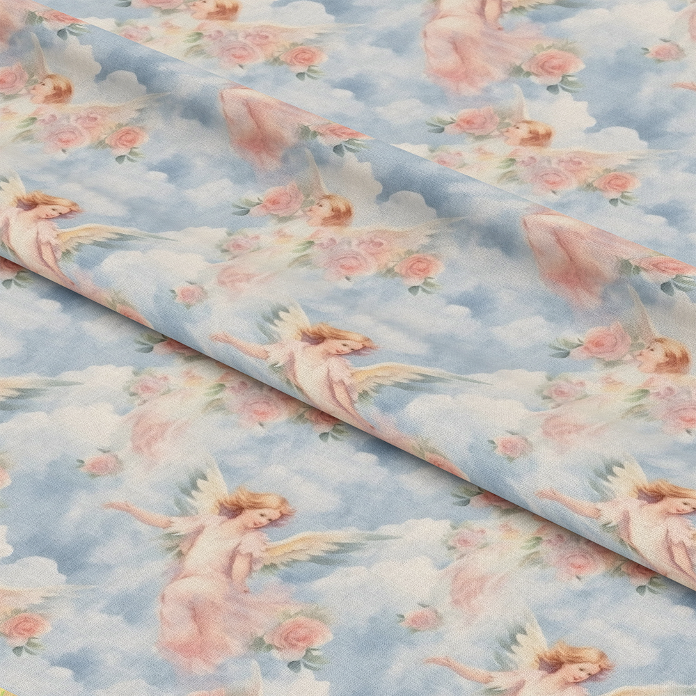 - Vintage Angels in Heavenly Skies Pattern 1 Quilting Cotton Fabric  
- soft blue sky background  
- pastel pink roses  
- delicate cherub angels  
- cotton textile  
- quilting material  
- dreamy, heavenly design  
- light, airy colors  
- floral and angel motif  
- gentle, vintage aesthetic