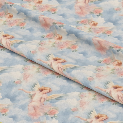 - Vintage Angels in Heavenly Skies Pattern 1 Quilting Cotton Fabric  
- soft blue sky background  
- pastel pink roses  
- delicate cherub angels  
- cotton textile  
- quilting material  
- dreamy, heavenly design  
- light, airy colors  
- floral and angel motif  
- gentle, vintage aesthetic