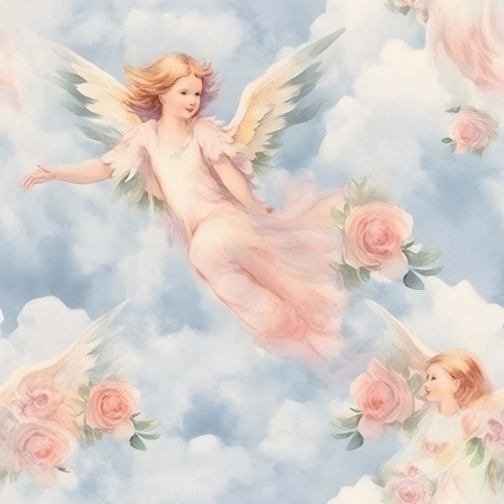 An angel with wings in a pink dress flies among clouds and roses, set against a blue sky.