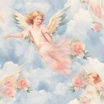 An angel with wings in a pink dress flies among clouds and roses, set against a blue sky.