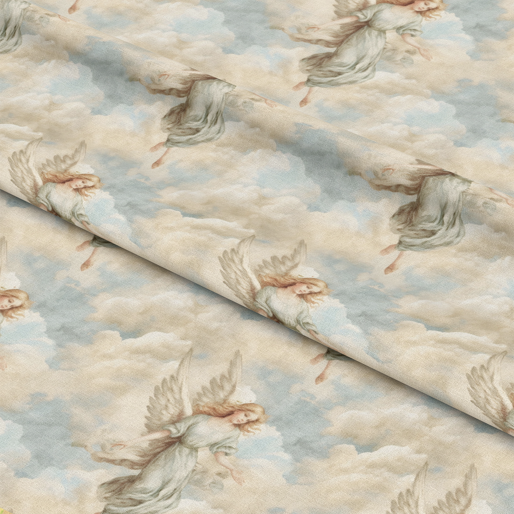 - Vintage Angels in Heavenly Skies Pattern 8 Quilting Cotton Fabric  
- Soft cream, beige, pale blue  
- Angel motifs, delicate clouds  
- Heavenly, serene, elegant  
- Cotton textile, quilting material  
- Ethereal, vintage-inspired design  
- Light, airy, peaceful atmosphere